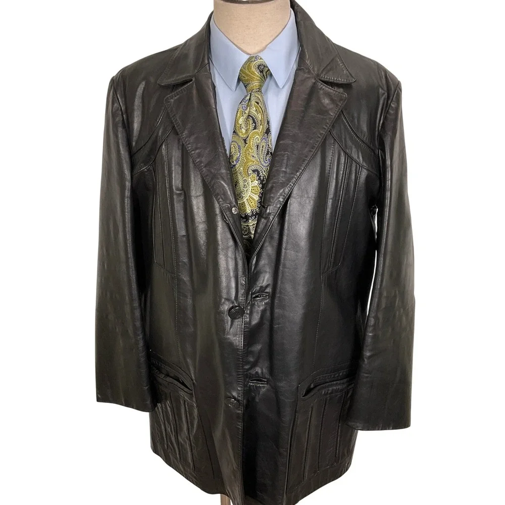 Bermans‎ Leather Jacket Mens 46 Black Lined Faux Fur Retro Car Coat Jacket